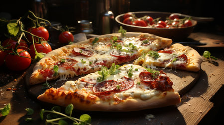 Rustic pizza slice with fresh mozzarella and salami. Generative AIの素材
