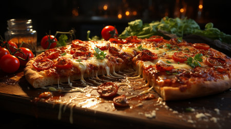 A pizza with a slice cut out of it. Generative AIの素材