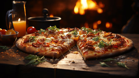 Freshly baked pizza on rustic wooden table. Generative AIの素材