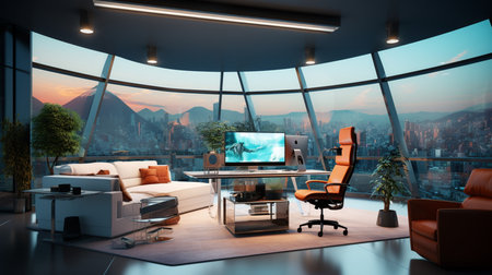 Workspace desk for executive leader in luxury interior of room in city apartment. Generative AIの素材