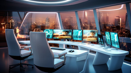 Futuristic office and work space design with modern computer equipment. Generative AIの素材