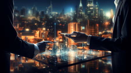 Business Person holding tablet with building design on it in the style of planar art and architectural engineering. Generative AIの素材