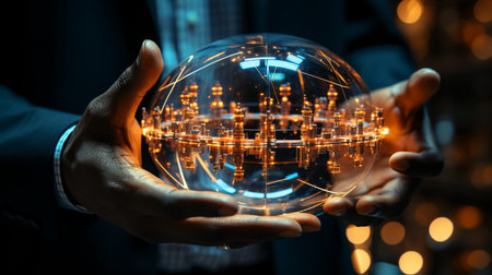 A businessman holding City in a Glass Globe, a Captivating Fusion of Art. Generative AIの素材