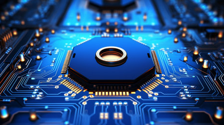 A technological background with interconnected circuit and motherboard of a computer. Generative AIの素材