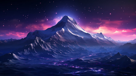 A digital image of a mountain with a blue background and pink lines. Generative AIの素材