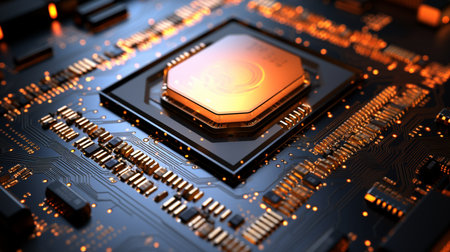 Highly detailed image of an electronic circuit that features an integrated circuit or processor of a sophisticated computer device. Generative AIの素材