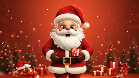 A Christmas day illustration with Santa Claus standing in front of a Christmas tree. Generative AIの素材