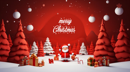 A Christmas card with Santa Claus standing in front of a Christmas tree. Generative AIの素材