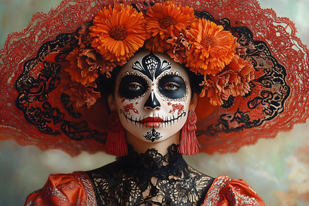 Close-up portrait of a woman with detailed skull makeup, large lace hat, and orange flower crown, wearing traditional festive attire and red earrings for cultural celebrationの素材