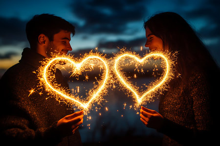 Couple holding sparklers shaped like glowing hearts at night, smiling and facing each other with warm romantic light and dark sunset sky in the backgroundの素材