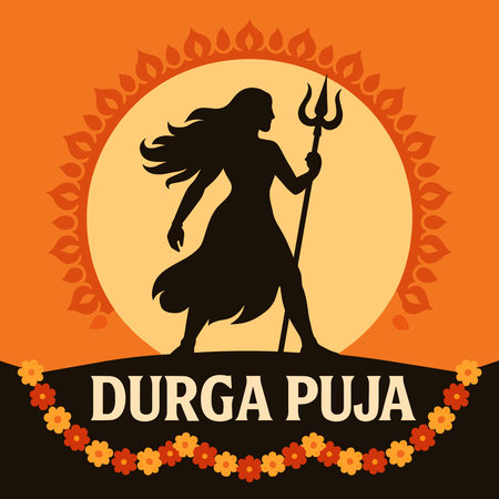 Vector illustration of goddess Durga silhouette holding trident with sun background and Durga Puja festival designのイラスト素材