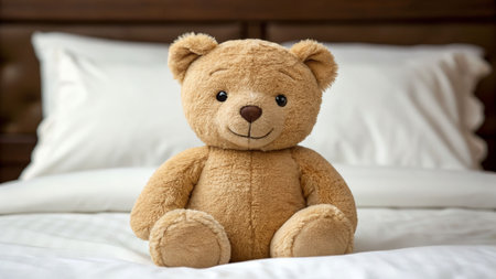 Embracing comfort close-up view of a light brown teddy bear on a bed cozy bedroom settingの素材