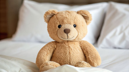 Embracing comfort a light brown teddy bear sitting on a bed close-up view cozy indoor environmentの素材