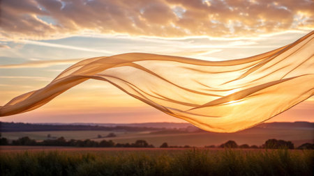Artistic fabric flowing gracefully at sunset in nature's embrace captivating scenic viewpointの素材