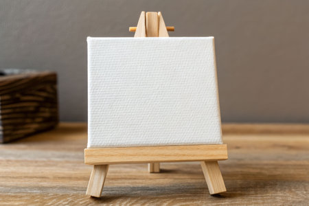 Artistic close-up view of a small blank canvas on a wooden easel in an inspiring studio environmentの素材