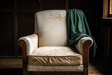 Artistic mood in a dimly lit room with worn antique armchair and draped fabricの素材