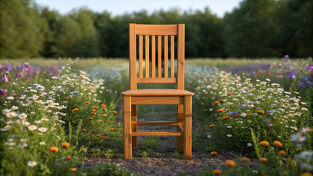 Bright brown wooden chair in a meadow of wildflowers nature photography serene environment front viewの素材