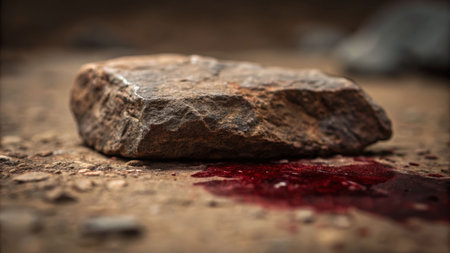 Death scene a close-up of a bloodied rock on the ground capturing nature's grim realityの素材