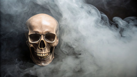 Death symbolism close-up view of a human skull in smoky environment artistic photography mysterious vibeの素材