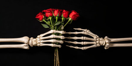 Death embraced a close-up of a skeletal hand holding roses dark background conceptual art artistic perspectiveの素材