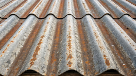 Weathered corrugated metal roof closeup urban environment material texture industrial setting aesthetic perspectiveの素材