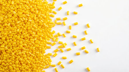 Yellow plastic granules scattered on white surface material study industrial environment close-up viewの素材