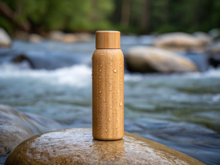 Sleek minimalist bamboo water bottle design riverbank product photography natural environment close-up material innovationの素材