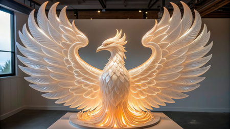 Translucent resin sculpture of a mythical phoenix art gallery modern artwork illuminated environment artistic viewpoint material inspirationの素材