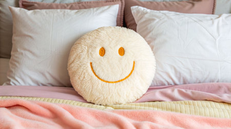 Cozy bedroom scene featuring a fluffy round pillow with cheerful embroidery inviting atmosphere soft textiles warm lightingの素材
