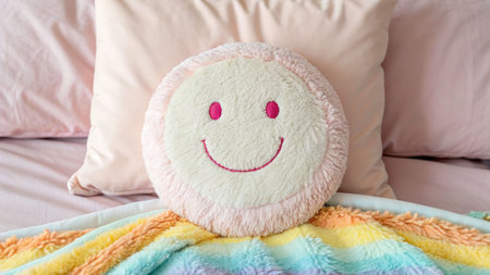 Cheerful fluffy round pillow on a cozy bed indoor bedroom home decor serene atmosphere relaxing viewの素材