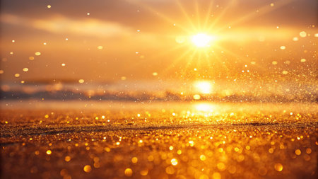 Golden dust particles dancing in sunset light beach shoreline nature photography serene environment low angle viewの素材