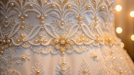 Elegant wedding dress with intricate lace embroidery bridal showcase fashion photography romantic venue close-up detailの素材