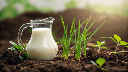Milk pitcher on earthy soil with green sprouts nature scene freshness close-up organic growth conceptの素材