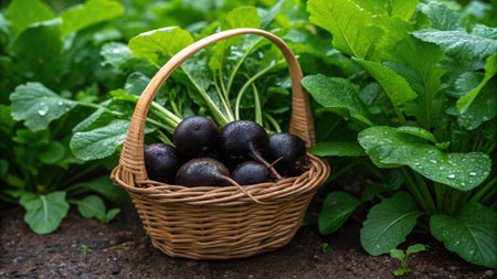 Freshly harvested black radishes in wicker basket lush garden setting morning light nature's bountyの素材