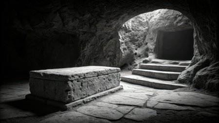 Exploring the empty tomb interior ancient cavern high-contrast black and white image stone environmentの素材