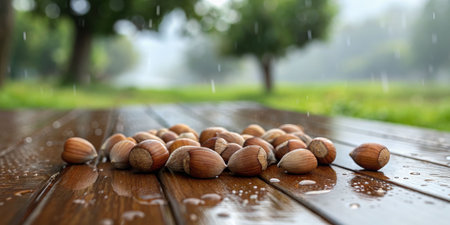 Group of wet hazelnuts on a wooden table outdoors soft focus greenery in background after rainの素材
