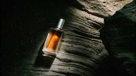 Dramatic meteor-inspired product shot of a sleek perfume bottle on textured surface studio environment close-up viewの素材