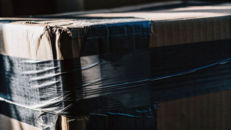 Duct tape breaks on cardboard box close-up of torn strip indoor setting tension and frayed edgesの素材