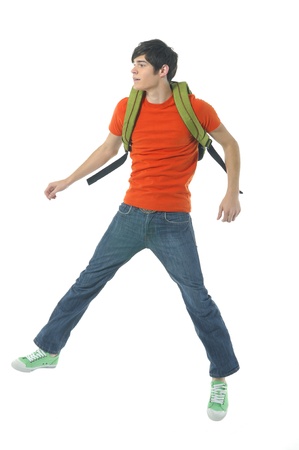 Jumping man with bag on whiteの写真素材