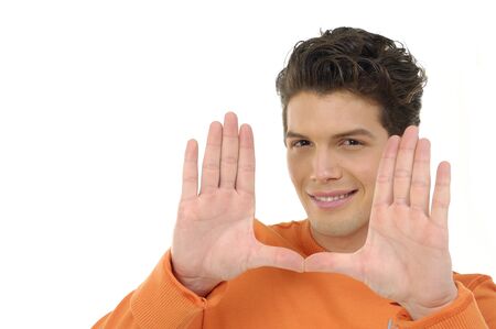 Young guy gesturing over white backgroundの写真素材