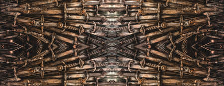 Metal knight swords horizontal background. Close up. The concept Knights.の写真素材