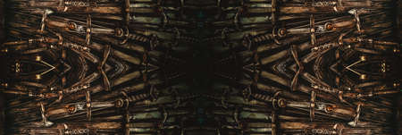 Metal knight swords horizontal background. Close up. The concept Knights.の写真素材