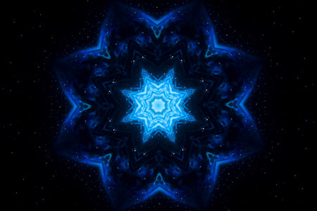 Music background. Abstract flower geometric shape. Kaleidoscopic visual effect for a DJ background.の写真素材