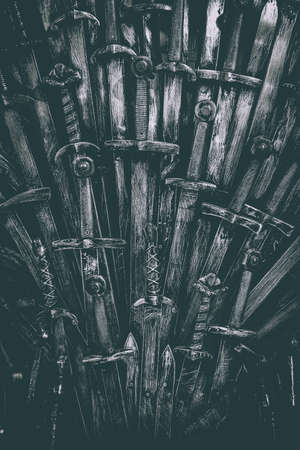 Metal knight swords background. Close upの写真素材