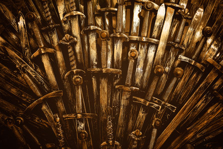 Metal knight swords background. Close upの写真素材