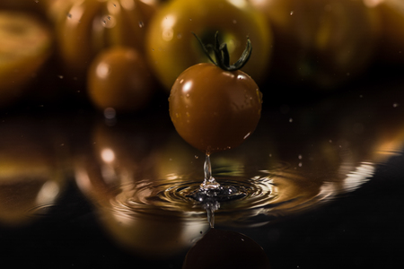 Yellow tomatoes on black background ,water drops ,closeup ,  mirrorの写真素材