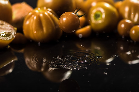 Yellow tomatoes on black background ,water drops ,closeup ,  mirrorの写真素材