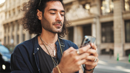 Young attractive italian guy with long curly hair and stubble is using mobile phone. Stylish man...