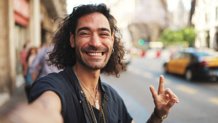 Young italian guy with long curly hair and stubble takes selfie on mobile phone while standing on...