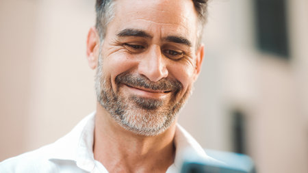 Mature businessman with neat beard uses mobile phone sits on bench in the financial district in the city. Successful man scrolls through information on smartphone and smilesの写真素材